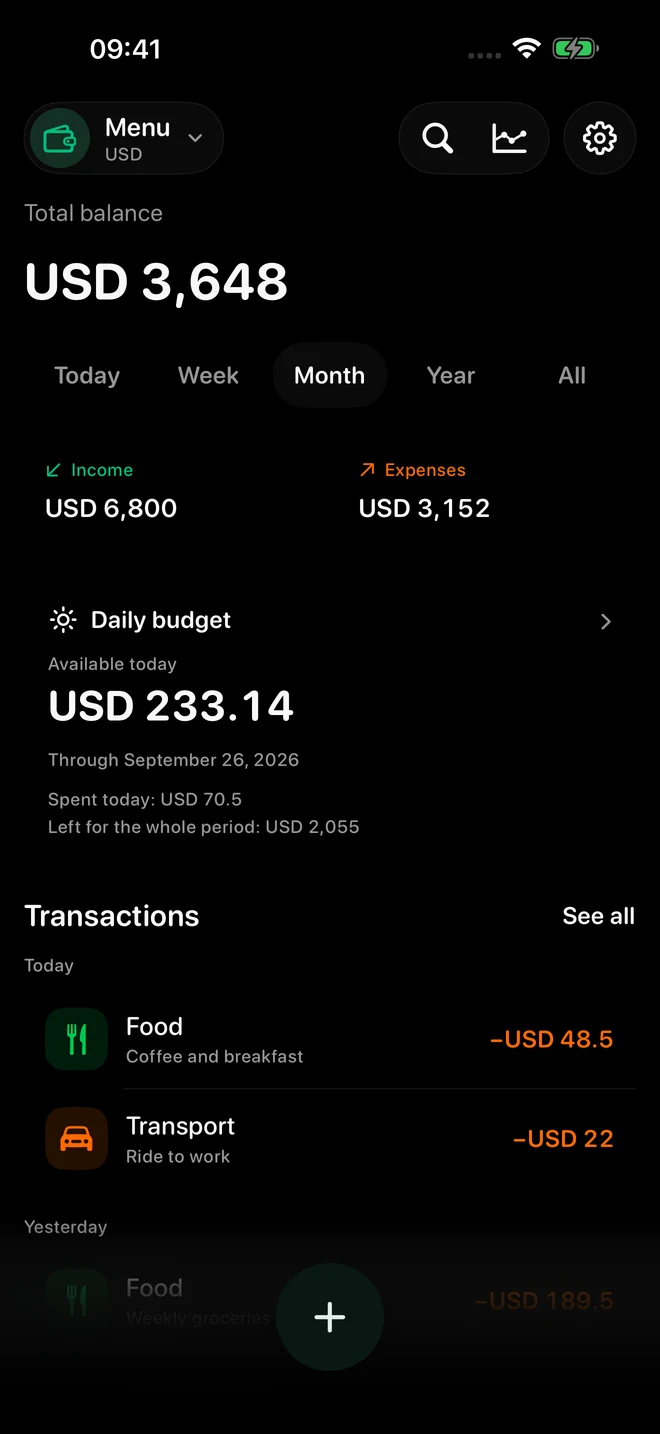 MoneyFlow: balance, daily budget and recent expenses